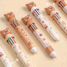 1/3/5/10pcs Neutral Cartoon Bear Colored Pens, 10-In-1 Press-Type Multi-Color Ballpoint Pens, Daily Gel Pens, Drawing Receipt Marking (Random Pattern) (Random Color), Replaceable Pen Tips, Suitable For School And Office Occasions - Back To School Gift - 10-color Ballpoint Pen - View 4