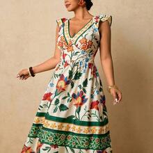 dagjydgfyja  Vestido largo de mujer talla grande con estampado floral tropical, cuello en V, mangas con volantes, cintura ceñida y falda en línea A, vestido romántico para vacaciones en primavera temprana - Negro01 - Ver 5