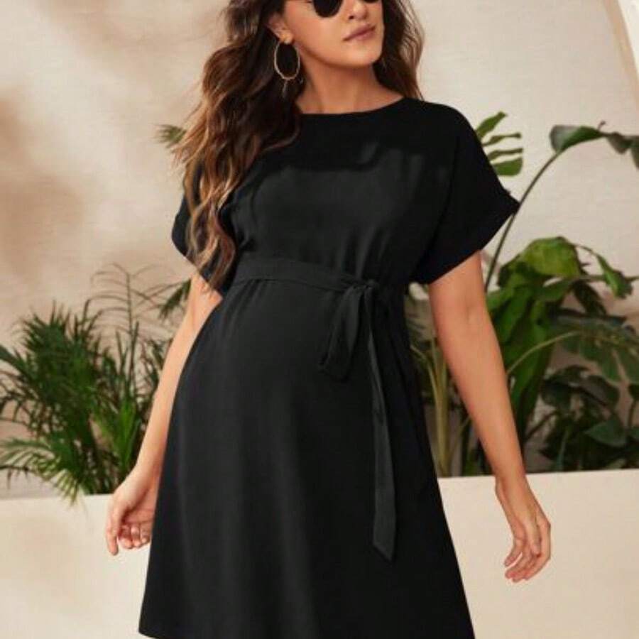 Maternidad Vestido con cinturón de manga murciélago - Negro01 - Ver 1