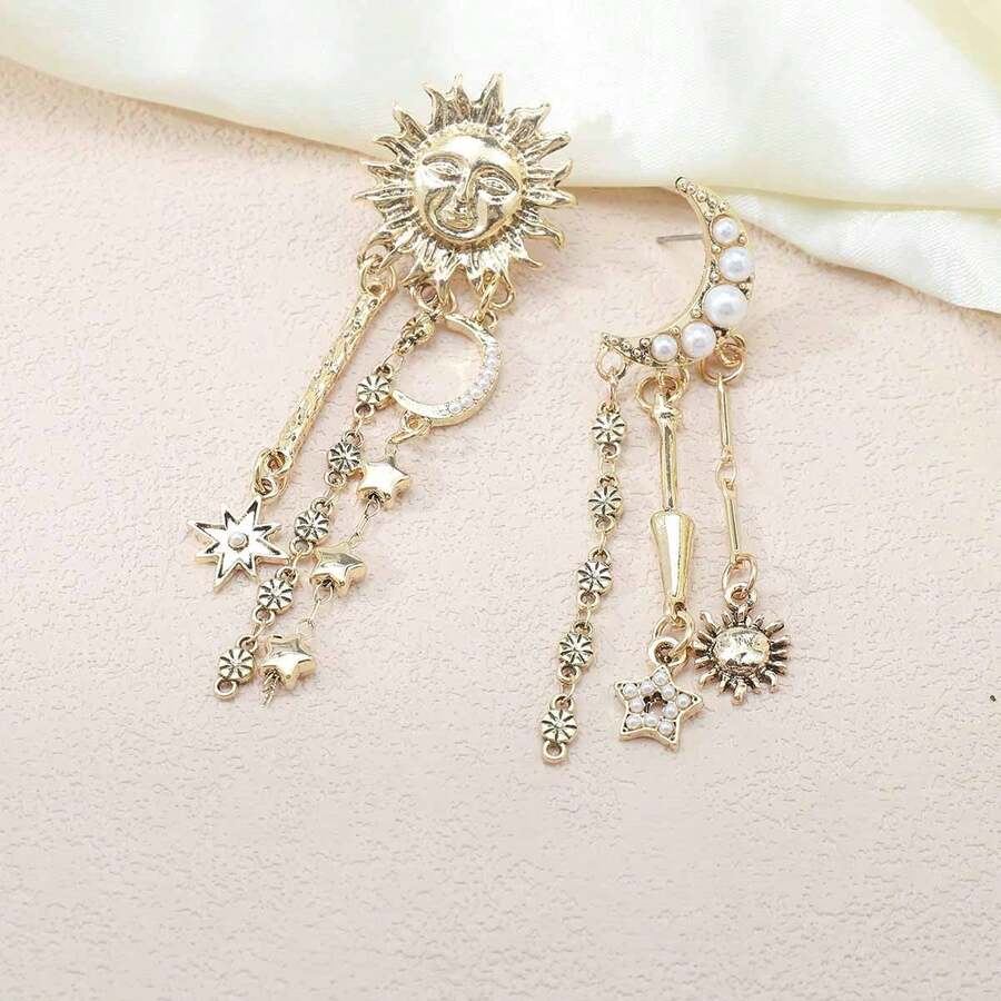 Mydear 1 par de pendientes con colgante de cara humana, sol, estrella y luna de aleación con borlas exageradas y personalizadas, adecuados para uso diario y de fiesta de mujeres - borla - Ver 1