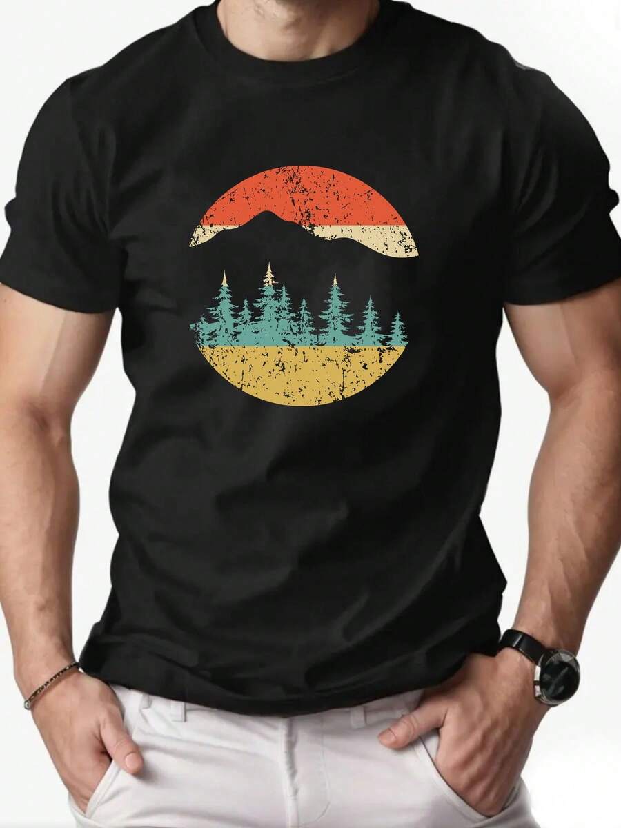 Camiseta de Verano para Hombre, Casual, de Cuello Redondo y Manga Corta con Estampado de Árbol