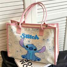Miniso Disney Stitch Main Character With Sketch Background Canvas Tote Bag, "Stitch" Text Print Shoulder Handbag, Large Capacity Casual Daily Bag For School Shopping Travel - Black - View 2