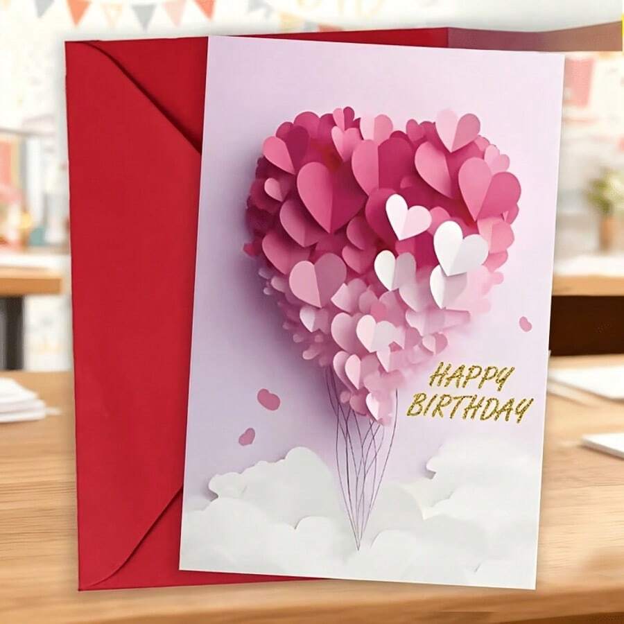 بطاقة عيد ميلاد يمكن الكتابة عليها. بطاقة قلب ثلاثية الأبعاد ضرورية للتخرج والذكرى السنوية وحفلات الزفاف.