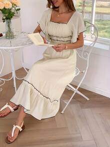 Women's Elegant And Fashionable Lotus Leaf Sleeve Square Neck Dress Long Skirt, High-End Inlaid Slim Waist Tight Cake Skirt Design Fluffy Dress - 杏色 - 查看 5