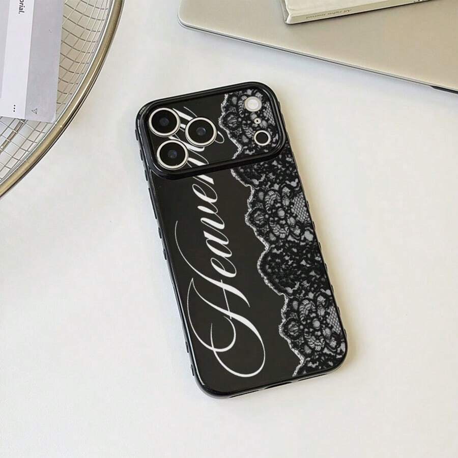 1個 TPU材質 蕾絲手寫花紋拼接 側面3D愛心設計 大窗手機殼 適用於 iPhone 17 Pro Max/17/16 Pro Max/15/13/12/11/Galaxy A54 5G/A55 5G/A35/A50s 全包防震軟殼手機保護套 - 黑色 - 查看 1