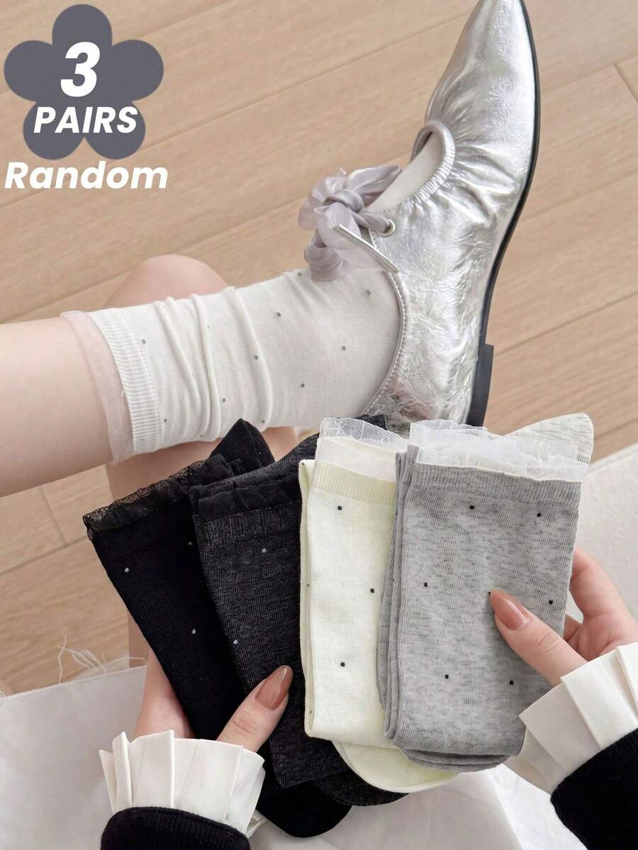3 Pairs Random Women's French Sweet Style Black White Gray Solid Color Polka Dot Lace Splice Ribbed Mid-Calf Socks, Breathable Skin-Friendly Pure Minimalist Design Suitable For Daily Commute Outfit