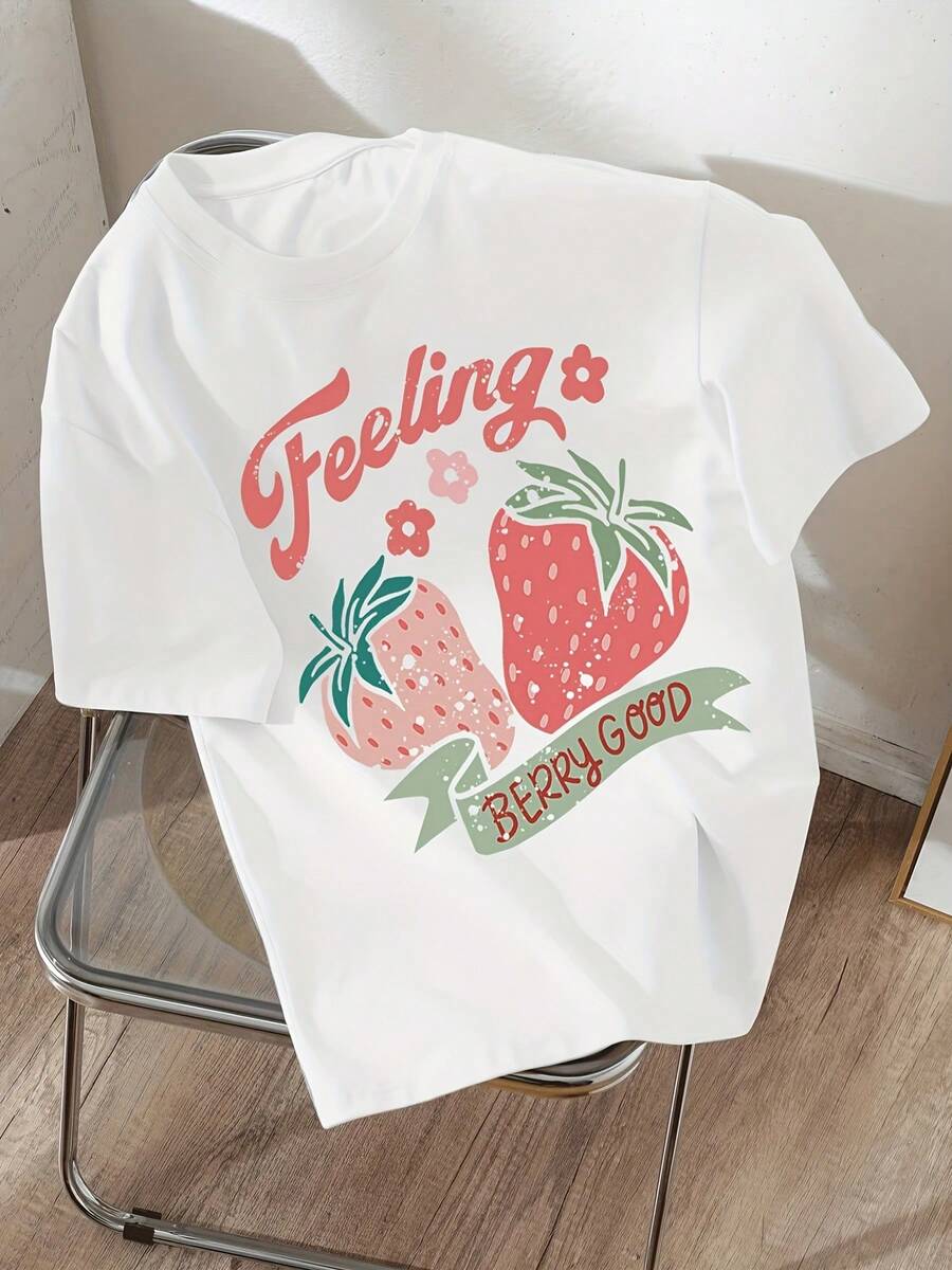 Vintage Stylish And Comfortable T-Shirt For Girls With Strawberry Print Summer Tops - White - View 1