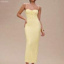 xuehuamaoyi02   Vestido maxi de mujer de verano de punto con tirantes de color amarillo sólido, vestido de mujer de verano, vestido de graduación, vestido de invitada de boda, vestido amarillo mantequilla, atuendo de rave y festival - Amarillo - Ver 6