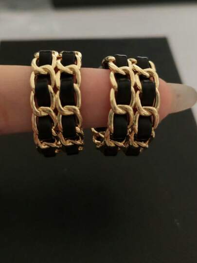2PCS Elegant Black & Gold Woven Chain Texture Ear Cuffs, Suitable For Daily, Dating And Casual Occasions