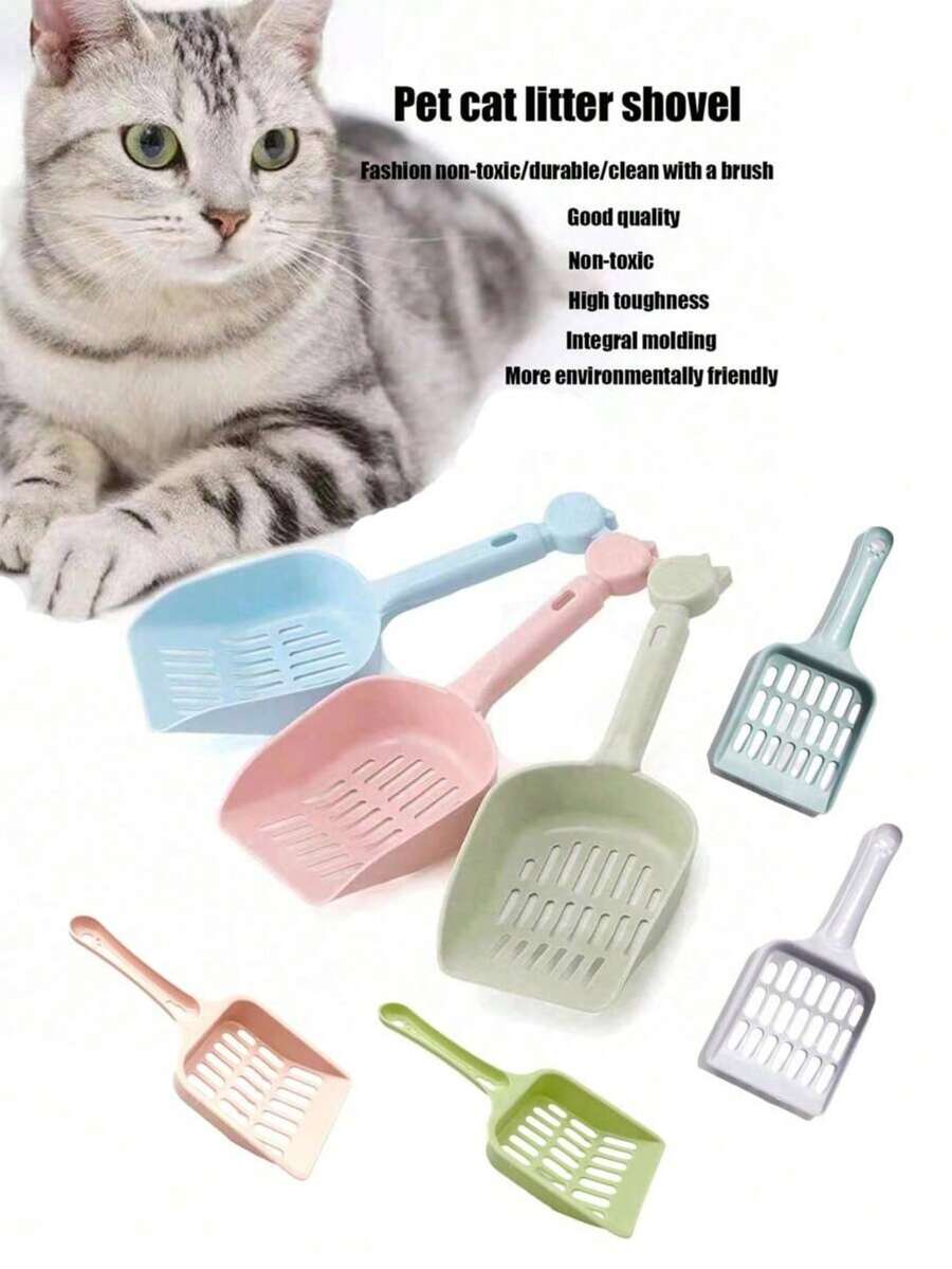 1 pièce Pelle à litière pour chat en plastique PP - Sans alimentation électrique, durable et facile à nettoyer, fournitures de nettoyage pour animaux de compagnie, pelle à litière pour chat, pelle à crottes de chat à long manche, pelle à litière pour chat à grands trous, outil de nettoyage de litière pour chat, réutilisable, couleurs multiples, accessoires pour chatons, essentiels pour animaux de compagnie, fournitures de litière pour chat. Couleur expédiée au hasard
