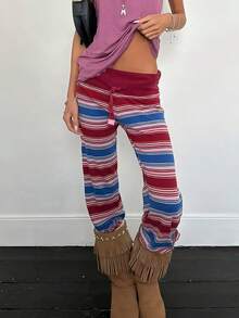 Women Lounge Pants Retro Fold Over Low Rise 2000s Colourful Stripe Stretch Flared Yoga Legging Bottoms Sweatpants (Not Cotton) - Màu Hồng Tươi - Xem 1