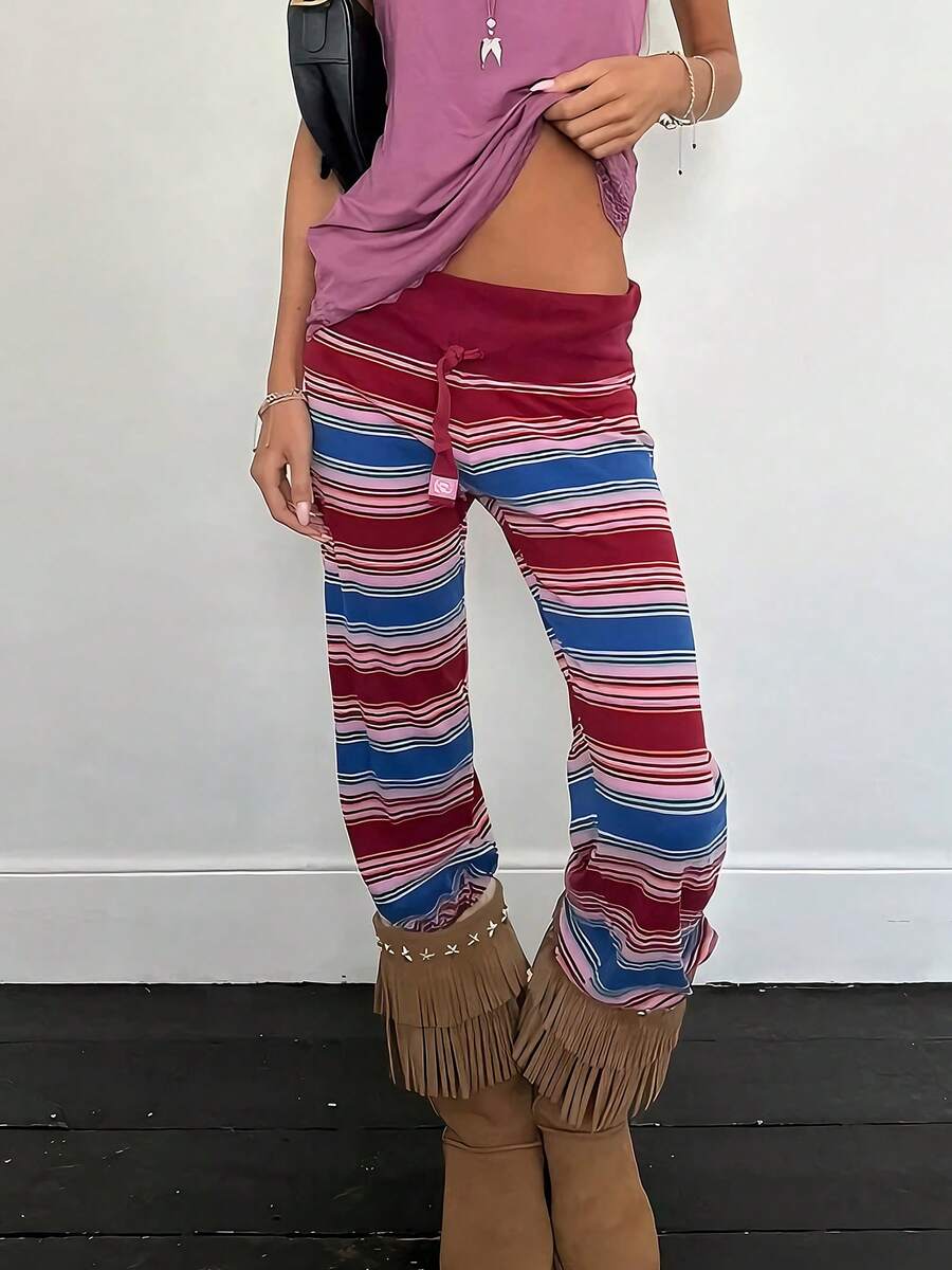 Women Lounge Pants Retro Fold Over Low Rise 2000s Colourful Stripe Stretch Flared Yoga Legging Bottoms Sweatpants (Not Cotton) - Màu Hồng Tươi - Xem 1