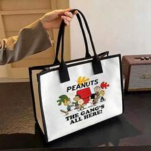 Miniso Peanuts Die Gang ist alle da Herbstblatt Leinwand Tragetasche, Gruppendruck mit Charaktertext Schultertasche, große Kapazität Lässig Alltagstasche für Schule Einkaufen Reisen - Schwarz - Übersicht 6