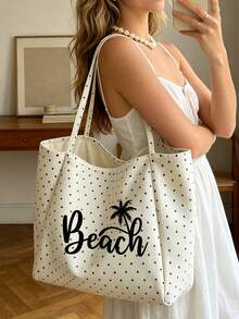 復古波點白色大容量單肩包套裝－印有「Beach」字母與棕櫚樹圖案，附白色小包的購物旅行托特包，可折疊單肩手提包，通勤托特包，平板收納包，夏季旅行必備包，適合海灘旅行、泳池日、購物與日常使用，返校季、教師節禮物 - 彩色 - 查看 3