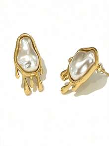 1 Pair Minimalist Abstract Design Faux Pearl Asymmetrical Stainless Steel Earrings Suitable For Daily Wear - Gold - View 5