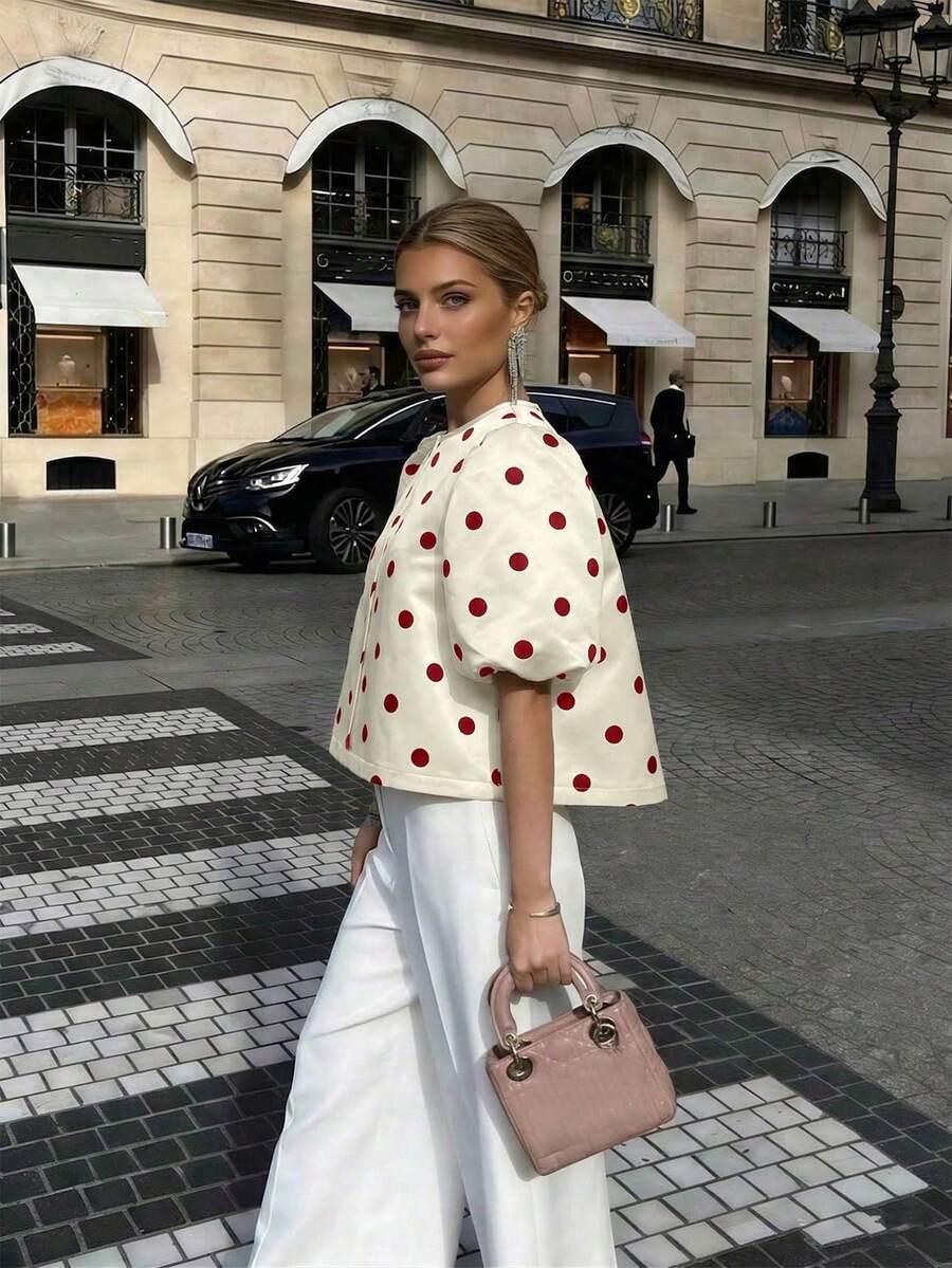 2026 Spring/Summer New Fashionable Elegant Sexy French Retro Casual Street Business Office Wear Daily Commute Satin Round Neck Puff Sleeve White Blouse, Polka Dot Blouse, Women's Valentine's Day Outfit