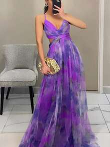 Lightweight Printed Tulle Strappy Dress For Spring And Summer - 紫色 - 查看 1