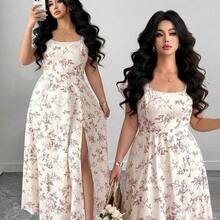 jianchaimaoyi02  Vestido de verano elegante y estilizador para mujer de talla grande con cuello cuadrado francés, mangas con volantes, abertura en el bajo, adecuado para uso casual, vacaciones ligeras, ocasiones sociales, fiestas de cóctel y citas - Naranja - Ver 2