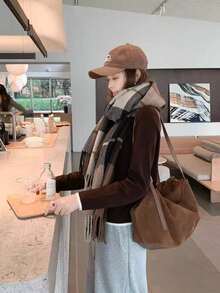 1pc Korean Style Fashion Plaid Scarf, Autumn/Winter Warm Fashion Tassel Student Scarf, Thickened Long Scarf, Unisex Couple Shawl, Matching Outfit, Chic & Elegant - Coffee Brown - View 5