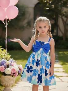 Young Girls Floral Strap Bow Decor Vacation Style Dress, For Girls, Spring/Summer - Blue - View 2