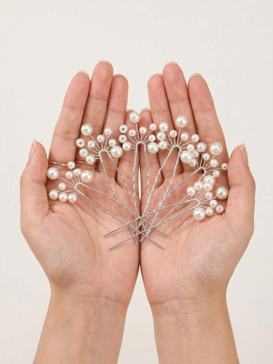 Miallo 6pcs Faux Pearl Decor Bridal U-Shaped Hair Pins, Elegant Silver Metal Wire Wedding Hair Accessories, Suitable For Bridesmaids