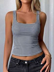 Women's Summer/ Fall Y2K Sexy Color Block Striped Cami Tank Top Slim Fit Layering Basic Top For Daily Wear - Blue and White Stripes - View 7