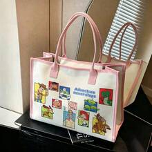 Miniso 迪士尼玩具總動員團體角色帆布托特包，「冒險永不止步」文字印花肩背包，大容量休閒日常包，適用於上學、購物、旅行 - 黑色 - 查看 4
