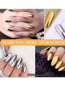 Bright Gold & Silver Nail Powder, Metallic Mirror Effect, Luxury Platinum Aurora Glitter, Sequins, Suitable For Nail Salon DIY Nail Decoration, High Gloss Transparent Sparkling Nail Enhancement, Holiday Use, Comes With 2 Application Tools (0.5g/Bottle) - Multicolor - View 5