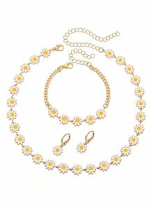 Elegant Autumn/Winter Daisy Necklace Bracelet Earrings Jewelry Set For Women, Cute Enamel Floral Pendant Earring Accessories, Vacation Gift - Multicolor - View 7