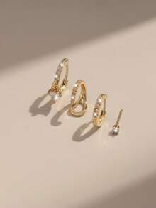 Nooxian 4pcs Gold Zirconia Earring Set, Rhinestone Ear Cuff + Single Diamond Stud + Full Rhinestone Hoop + Heart Pendant Ear Clip, Luxury Layering Style - Yellow Gold - View 4