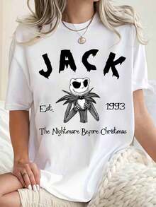 Disney Women Round Neck T Shirt Jack Skellington Nightmare Before Christmas Est 1993 Halloween Christmas 220g - trắng - Xem 1