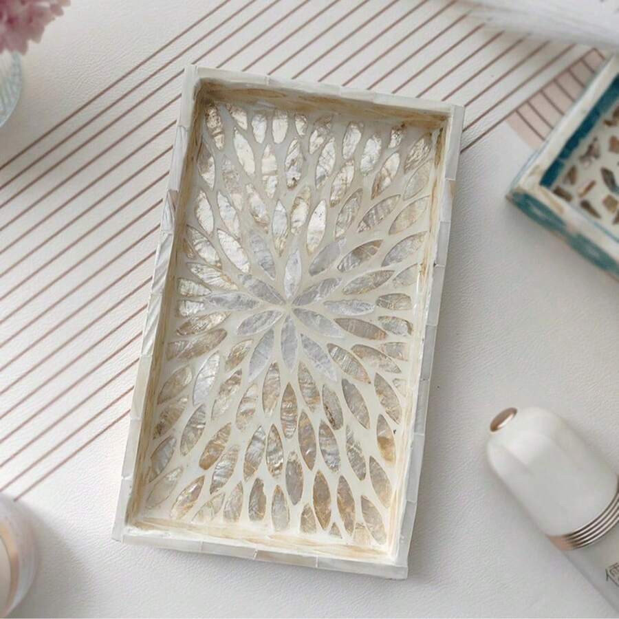 1pc Handcrafted Rectangular Shell Waterproof Easy To Clean Shatterproof Decoration Organizer Storage Plate Tray For Cake Coffee Decorations Jewelry Fruit Snack Tea Jewelry Earrings Dresser Cosmetics Dining Table Jewelry Restaurant Cafe Home - White - View 1