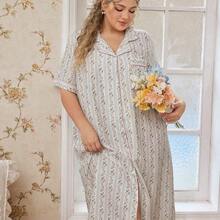 dagjydgfyja Camisón de mujer talla grande CottageSlumber con botones delanteros y cuello, estampado floral de manga corta, adecuado para el verano - Beis - Ver 5