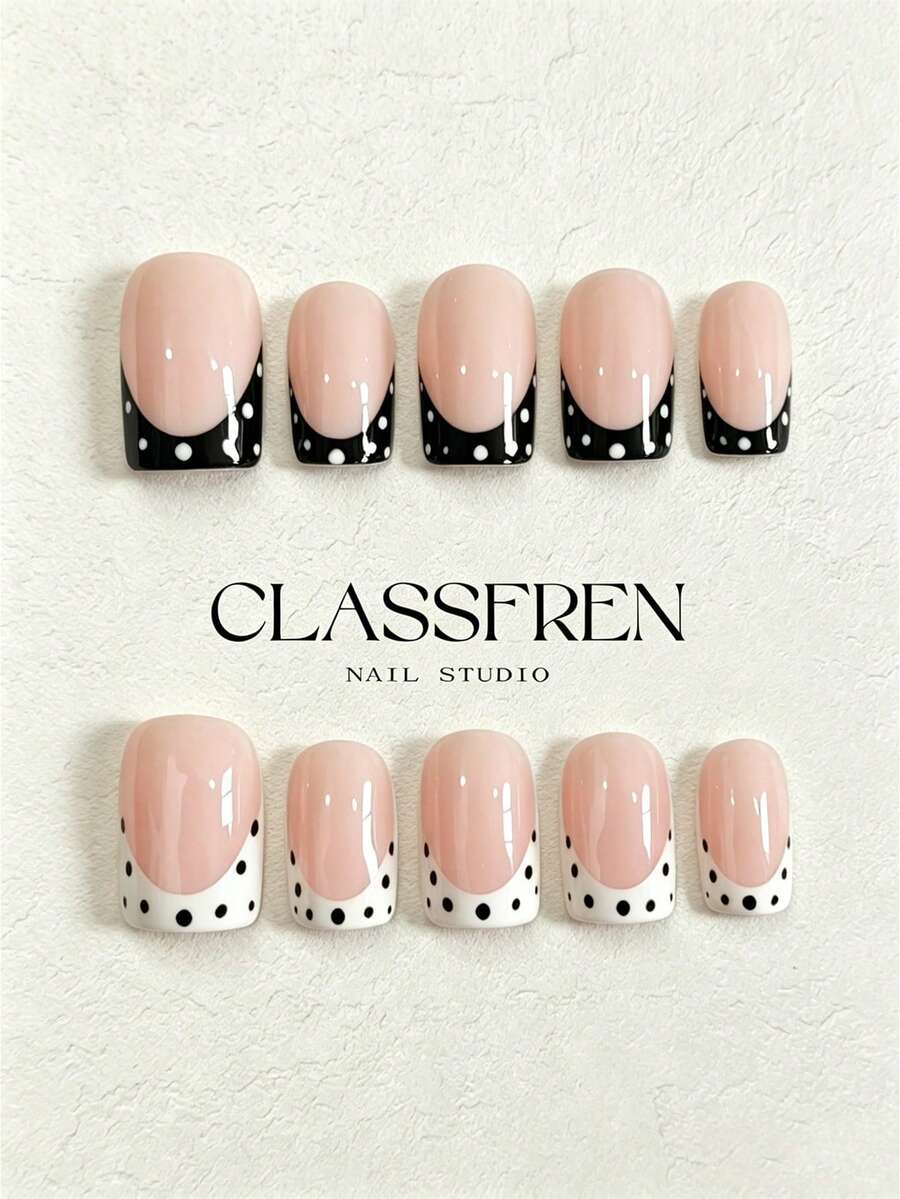 CLASSFREN 10片波點法式指尖穿戴式假指甲-裸粉、黑、白款式,手工製可重複使用高光澤壓克力假指甲,含短/中方型與中杏仁型甲型,適合日常、職場及派對場合 - 彩色 - 查看 1