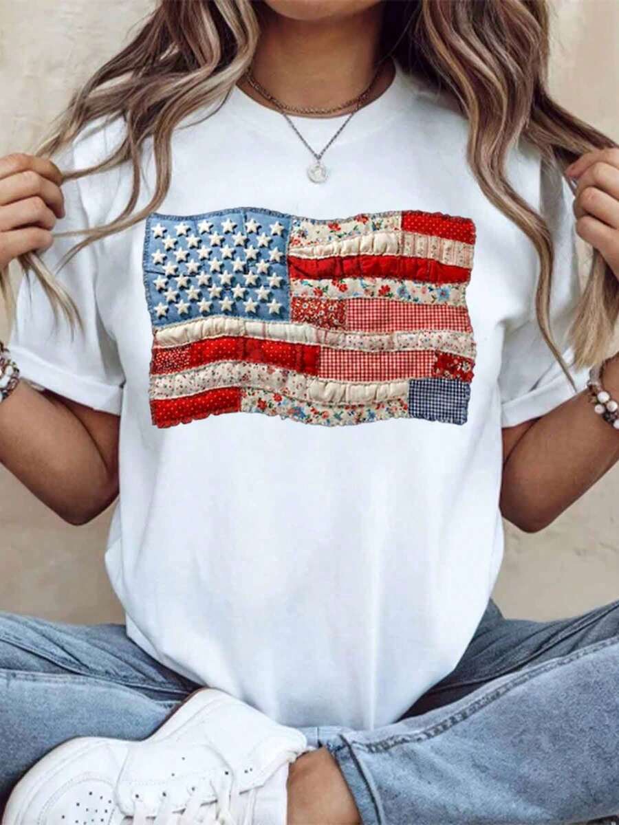 Floral American Flag T-Shirt Women Casual Patriotic Print Top For Independence Day Celebration Summer Outfit - trắng - Xem 1