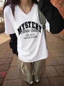 女款時尚夏季寬鬆百搭街頭復古小V領字母印花短袖T恤休閒白色夏季上衣 - 白色 - 查看 3