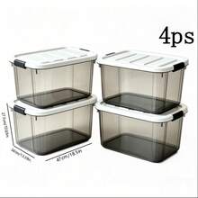 4 Pack Stackable Pantry Storage Bins With Lids, Tinted Plastic Containers With Secure Buckles, 47x34x27.5cm, Great For Food Snacks Kitchen Organization - Transparent - View 8
