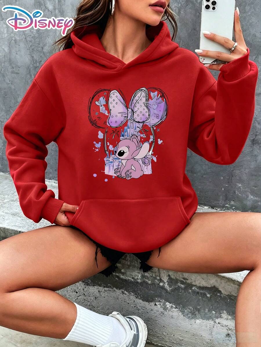 Disney Lilo & Stitch Angel Minnie Mouse Head Silhouette Magic Castle Watercolor Sketch Hearts Background Cartoon Graphic Pullover Hoodie Women's Casual Daily Wear Long Sleeve Dreamy Soft Style Theme Park Outfit Gift For Lilo & Stitch Fans It Is A Gift For Fans And Friends, And It Is Also A Perfect Gift Choice For Lovers And Relatives. - 紅色 - 查看 1