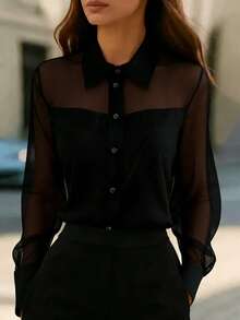 1 pieza Blusa elegante de mujer con parches de malla, adecuada para salidas diarias, ir al trabajo y atuendos de aeropuerto, color negro, primavera - Burdeos - Ver 6