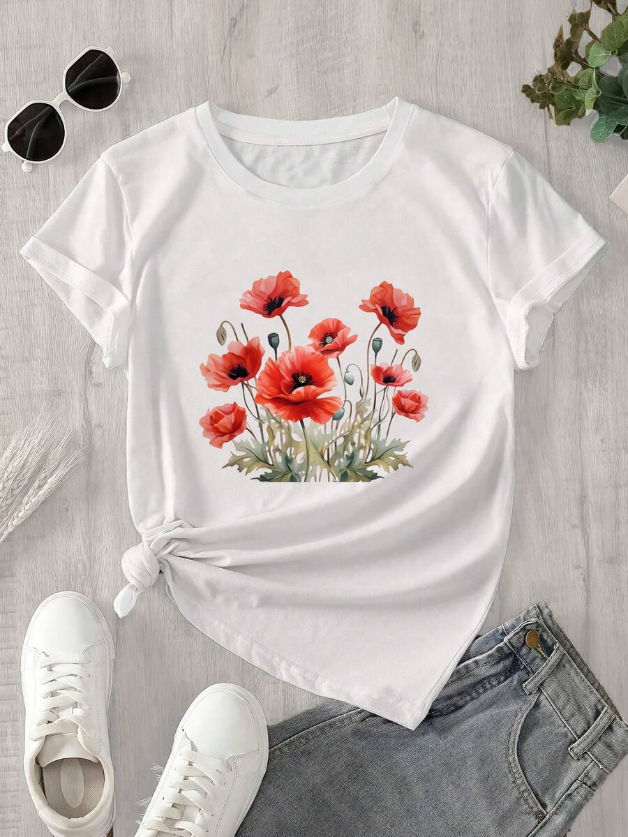 Top de mujer de manga corta y cuello redondo con fondo en forma de jarrón y estampado floral rojo, apto para todas las estaciones. - Blanco - Ver 1