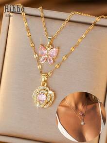 Hihho 2pcs/Set Romantic Spring Pink Butterfly & Camellia Double Layer Necklace, Gentle Elegant Neck Accessory, Suitable For Daily Commute, Date Party, Spring Vacation, Gift For Mom Or Female Elders, Versatile And Exquisite - Clavicle Chain - View 4