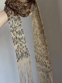 1 pieza Pañuelo de cinta con borlas de estampado de leopardo vintage, versátil y de nicho estacional, simple y fácil de combinar, adecuado para atuendos de fiesta - Multicolor - Ver 4