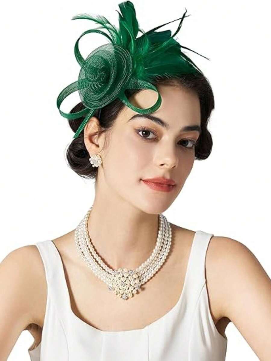 1件女款裝飾性藥盒帽 1920s 1930s 1950s 復古頭飾 圓頂帽 花卉面紗 婚禮下午茶派對帽 - 綠色 - 查看 1