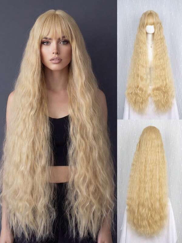 Light Gold Long Curly Bangs Wig, 42 Inch Natural Voluminous Water Wave Wig, Suitable For Women's Daily, Party And Cosplay