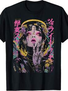 Japanese Streetwear Cyberpunk Angel Y2K Techwear Manga Anime T-Shirt.Jpg Same Style For Men And Women 225 Summer Short-Sleeve Print T-Shirt Pure 22G - 黑色 - 查看 1