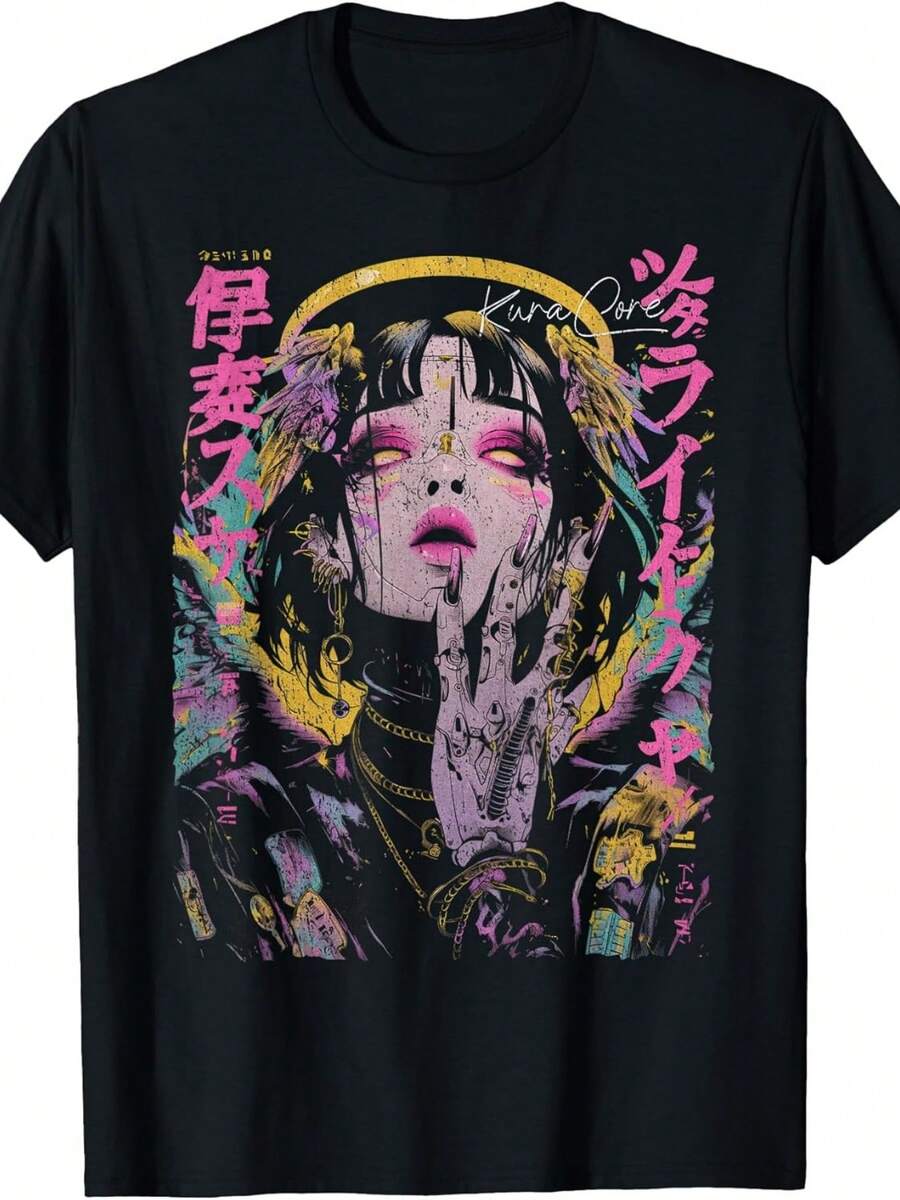Japanese Streetwear Cyberpunk Angel Y2K Techwear Manga Anime T-Shirt.Jpg Same Style For Men And Women 225 Summer Short-Sleeve Print T-Shirt Pure 22G - 黑色 - 查看 1