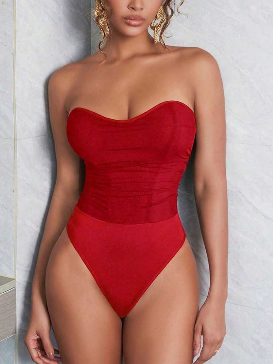 Elegante body sin espalda con encantador diseño romántico de malla azul, parches, volantes y decoración de espina de pescado, ideal para el verano - Rojo - Ver 1
