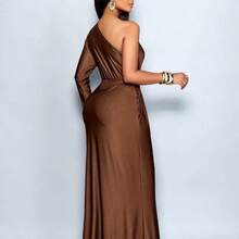 xuehuamaoyi02  Vestido ajustado de manga larga con cuello asimétrico y decoración metálica para mujer, vestido maxi para mujer para vacaciones, bodas, graduaciones, bailes de graduación, fiestas navideñas, citas de San Valentín y talla grande - Café integral - Ver 3