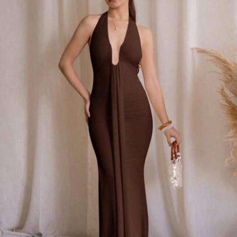 xuehuamaoyi02 Elegante vestido de cuello en V profundo amarillo crema sexy para mujer, primavera/verano - Café integral - Ver 1
