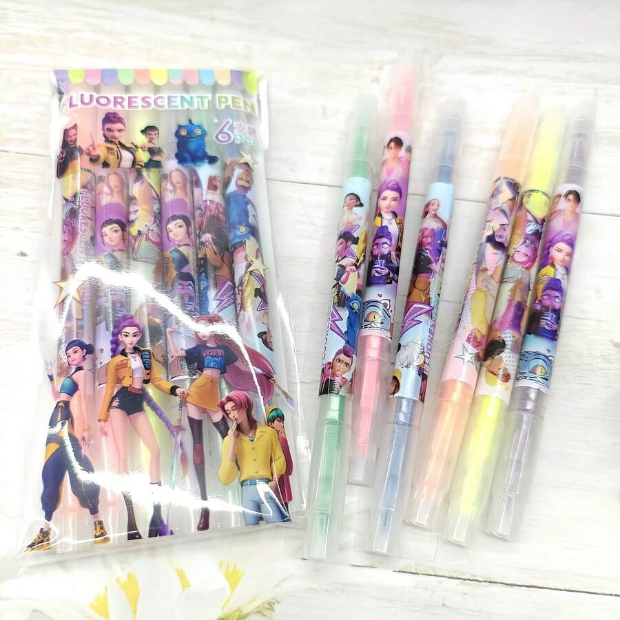6支高價值卡通螢光筆，惡魔獵人女團雙頭螢光筆，開學季與節日完美禮物，[隨機發貨] - 彩色 - 查看 1